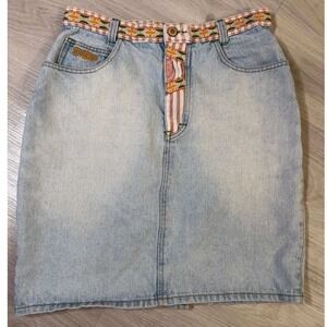 MAJOR DAMAGE Womens Denim Skirt Bohemian Aztec Belt Light Wash Knee Length